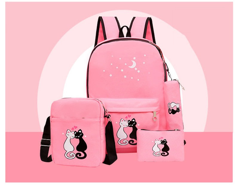 4-Piece School Bag Set/ backpack Children School Bags For Girls Boys Canvas School Bag Fashion Kids - black