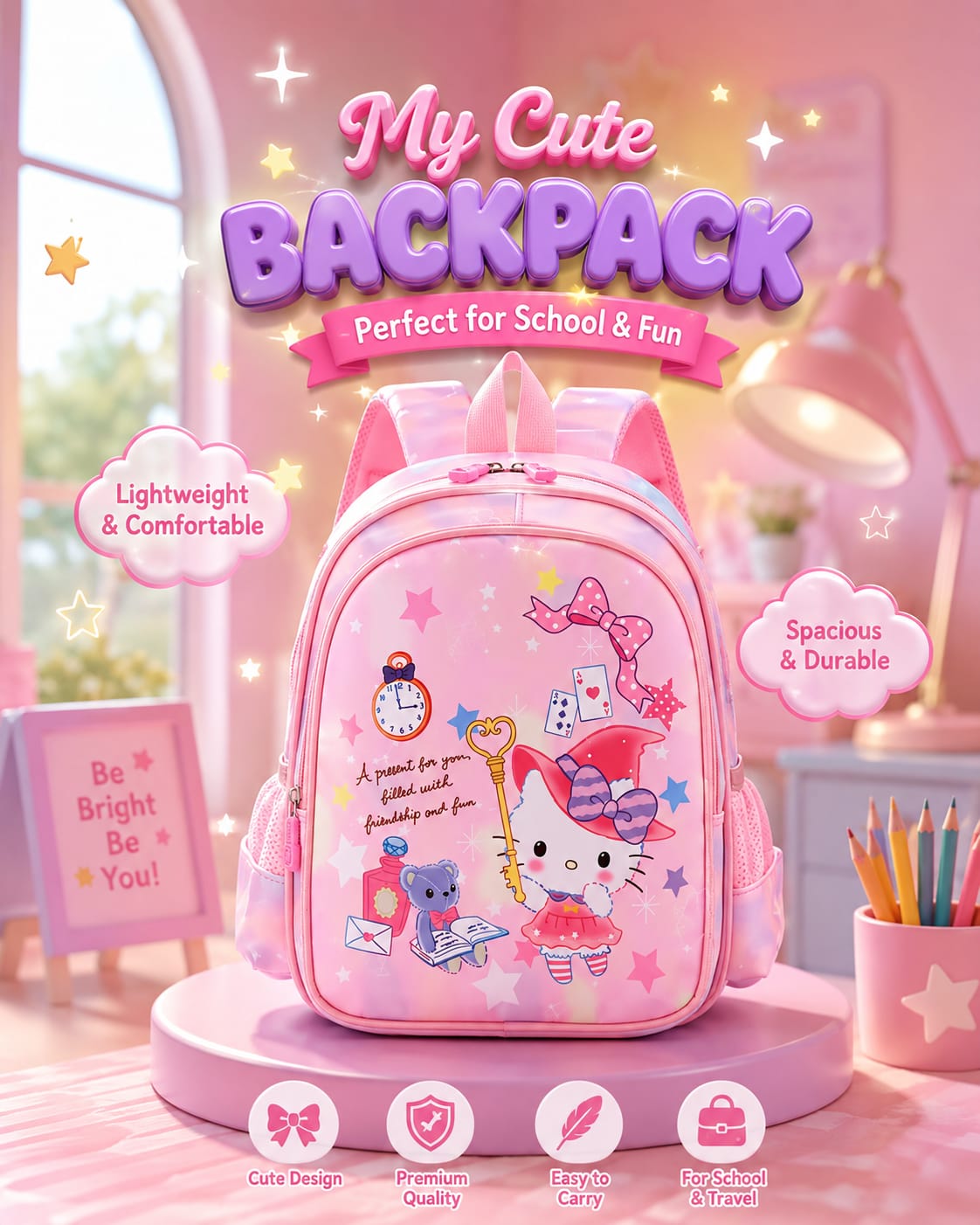 Hello Kitty Themed Pink Children School Bag Stylish Durable And Spacious Design For Daily School Use